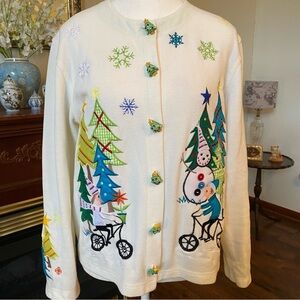 Onque Casuals • Whimsical Christmas Appliqué Cardigan Sweater • Size S